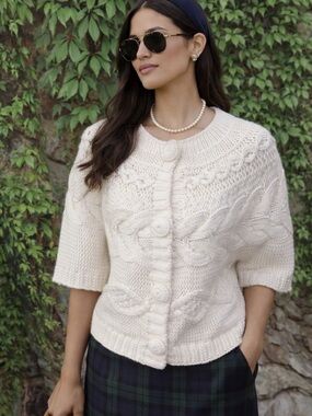 PERSONAL IDENTITY Cable Knit Ivory Short Sleeve Sweater, L